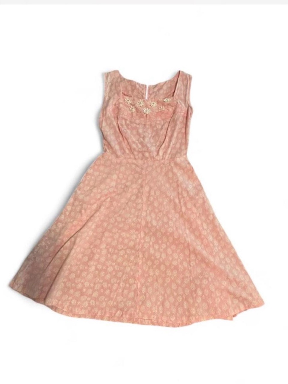 Vintage handmade sz Small (?) pink fit flare midi dress pleat flower detail